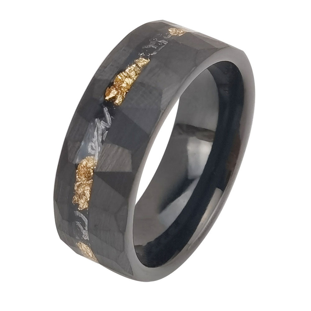 Tungsten Gold Couple Ring with Flat Batch Flower Groove Inlaid With Gold Foil Debris