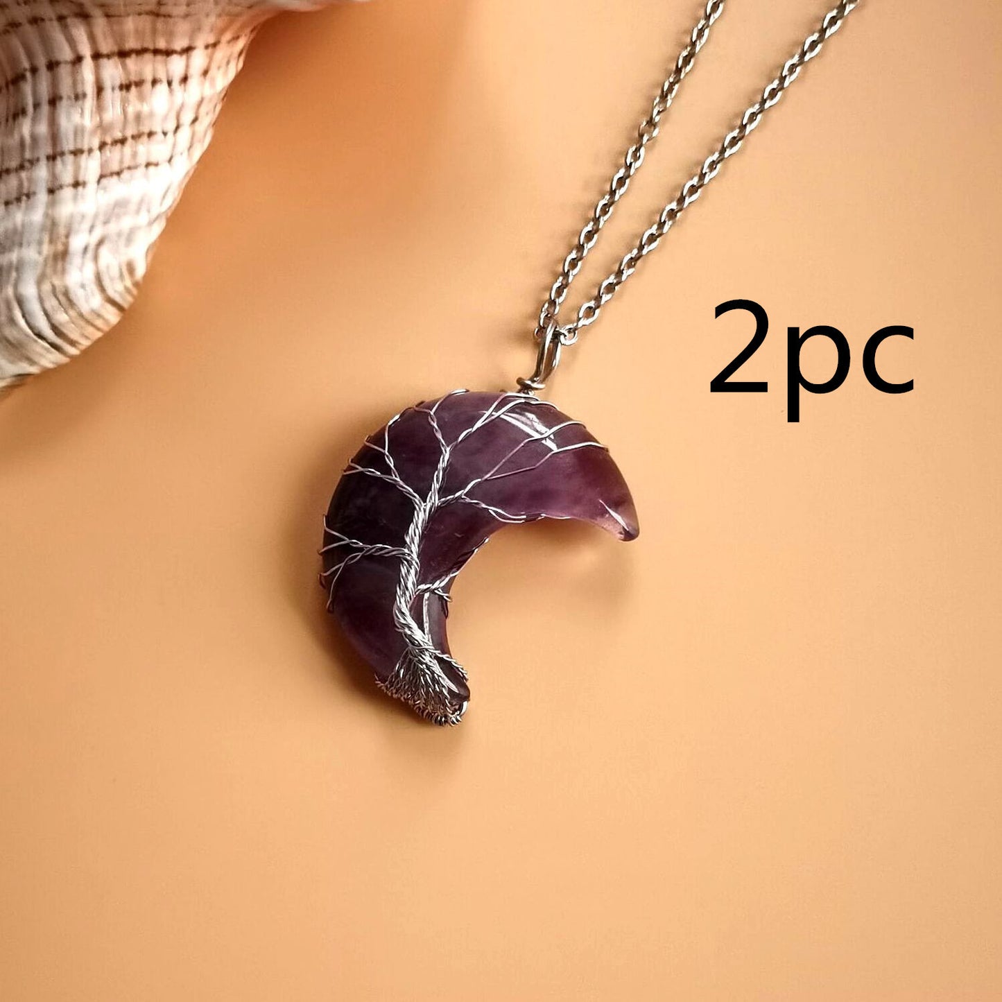 Moon Natural Stone Necklace Handmade Fortune Tree on it