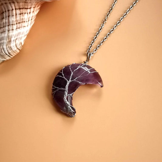 Moon Natural Stone Necklace Handmade Fortune Tree on it