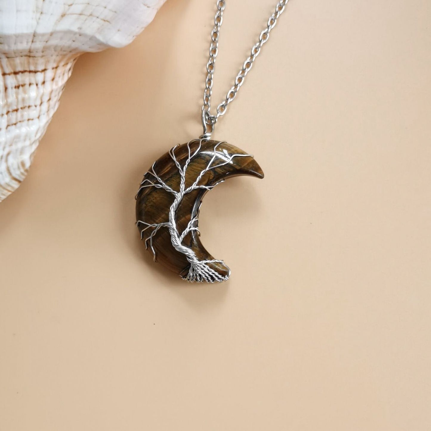 Moon Natural Stone Necklace Handmade Fortune Tree on it