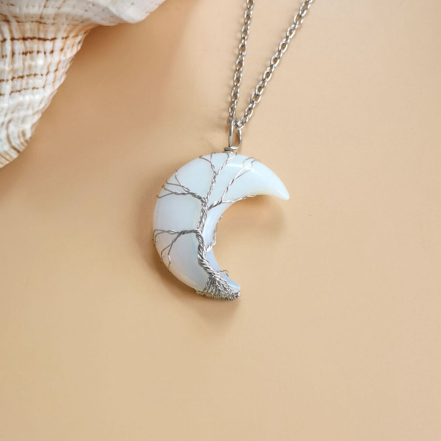 Moon Natural Stone Necklace Handmade Fortune Tree on it