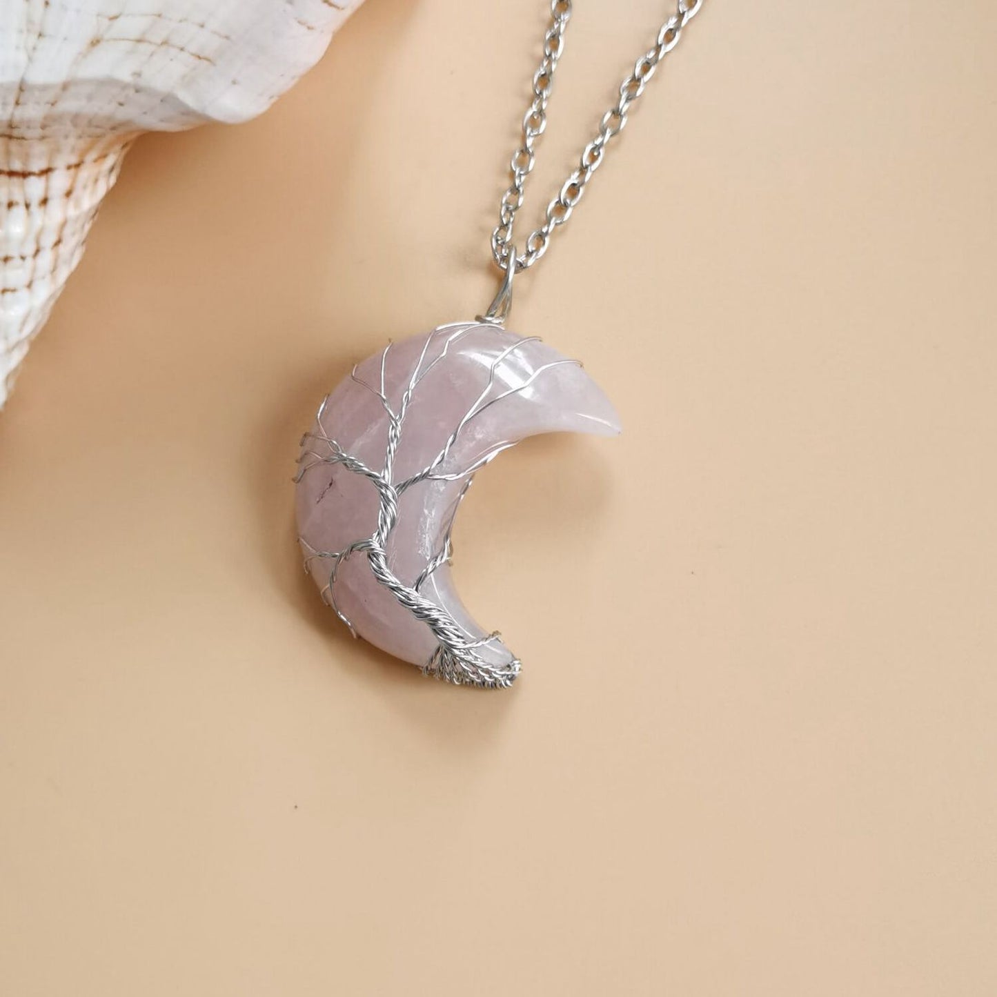 Moon Natural Stone Necklace Handmade Fortune Tree on it