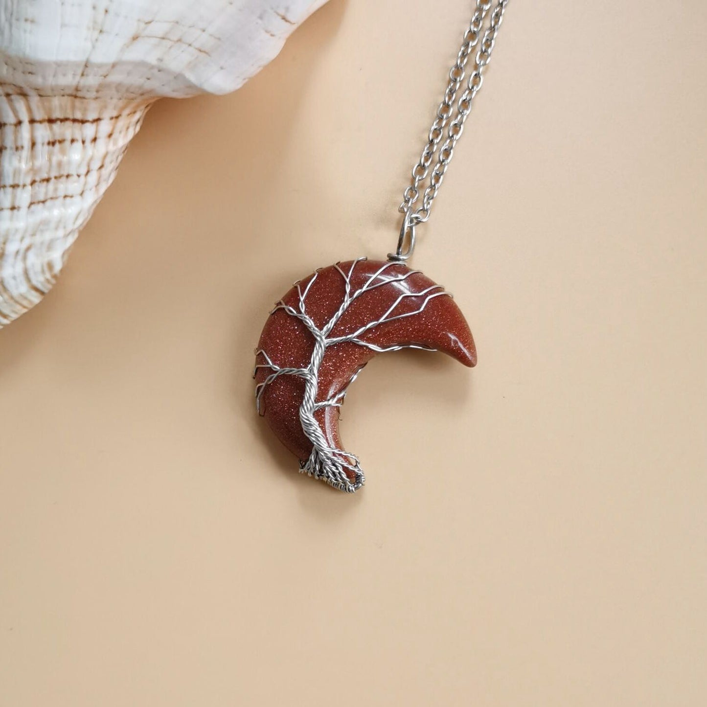 Moon Natural Stone Necklace Handmade Fortune Tree on it