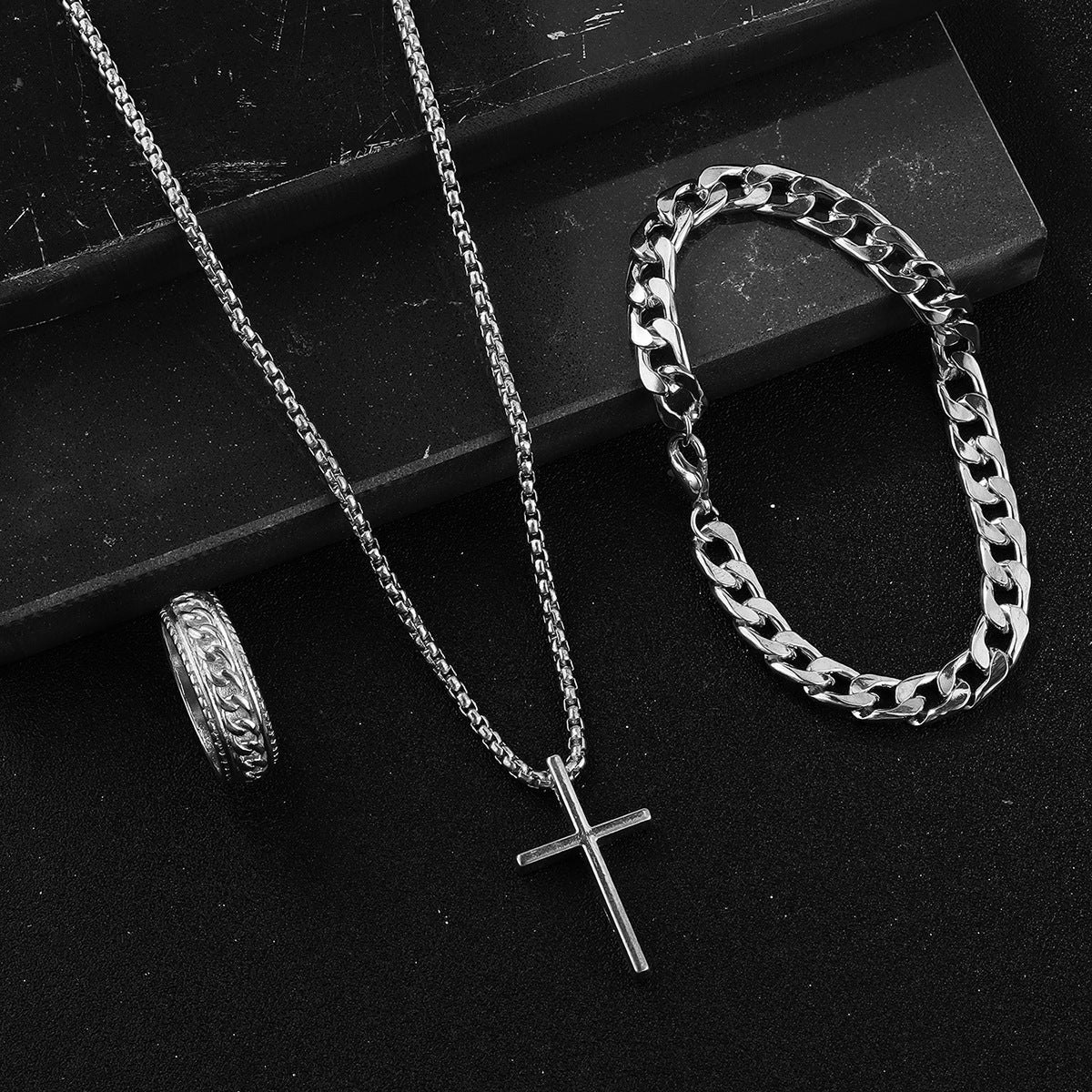 Men's Cross Necklace Ring Bracelet