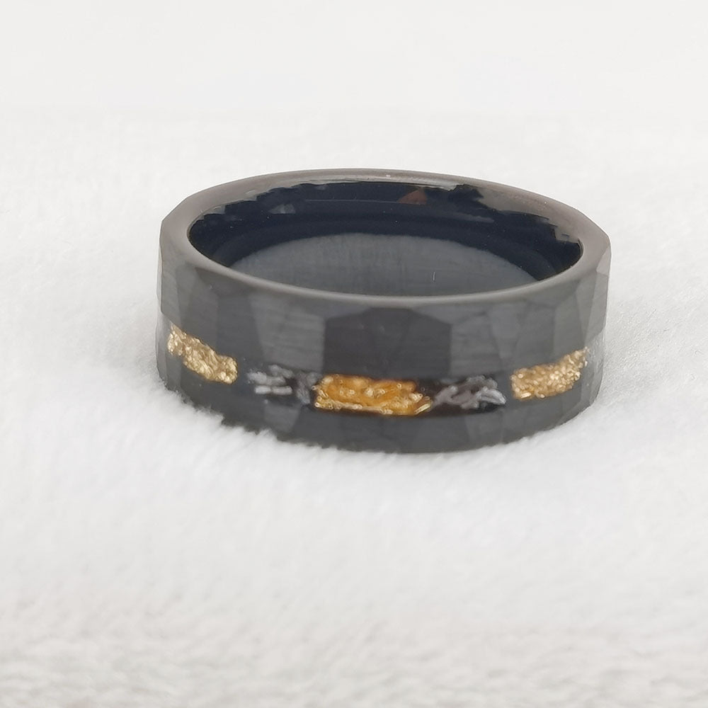 Tungsten Gold Couple Ring with Flat Batch Flower Groove Inlaid With Gold Foil Debris