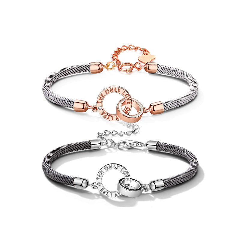 Double Circle Couple Hand Rope Silver Bracelet