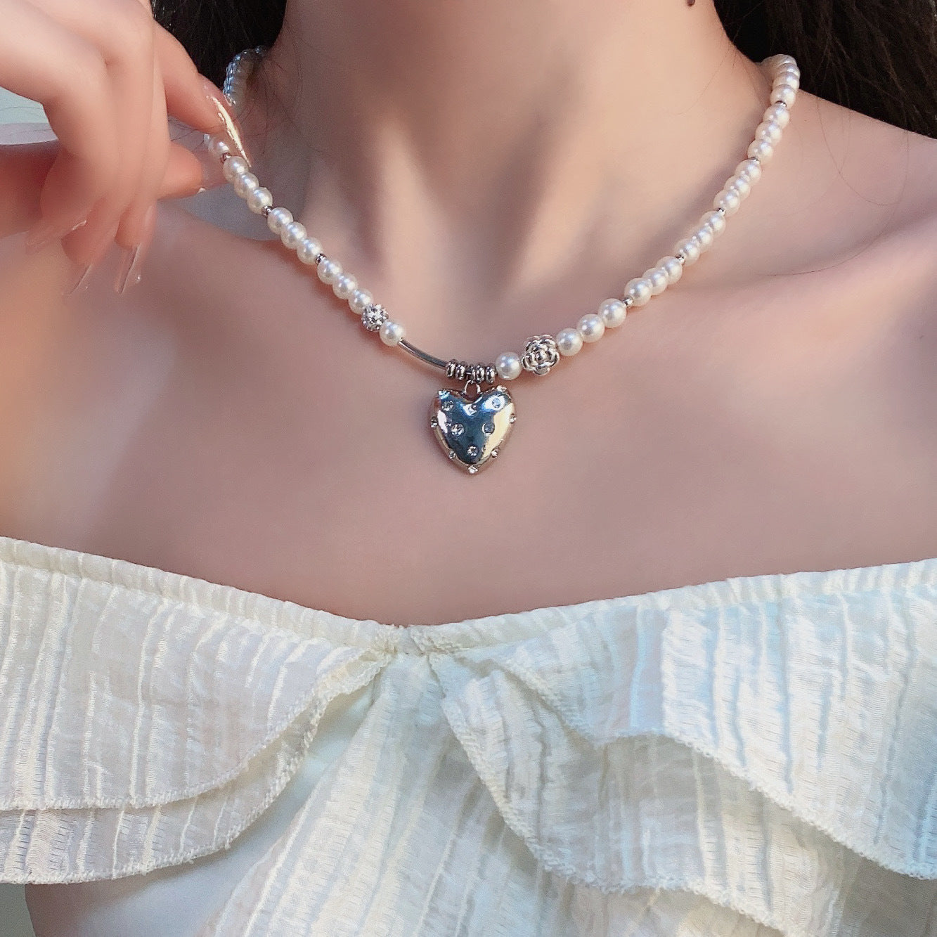 Pearl Necklace with Silver Heart For Girl (Special Design)