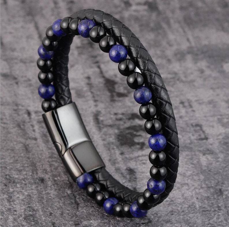 Volcanic Natural Stone Beaded Bracelet Men Cowhide String Bracelets