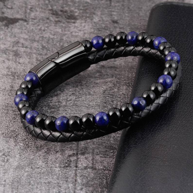 Volcanic Natural Stone Beaded Bracelet Men Cowhide String Bracelets