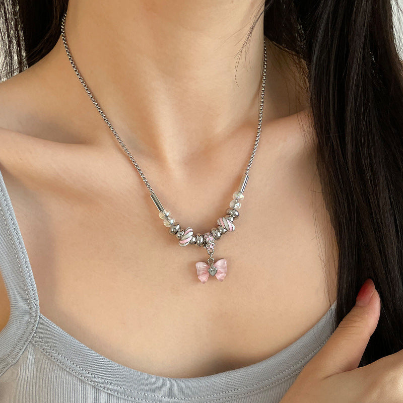 Bowknot Beaded Thread Necklace with beauti pink Butterfly