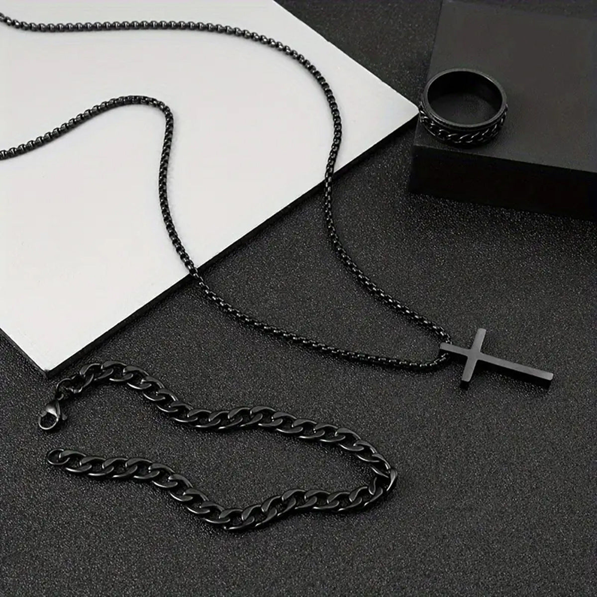 Men's Cross Necklace Ring Bracelet