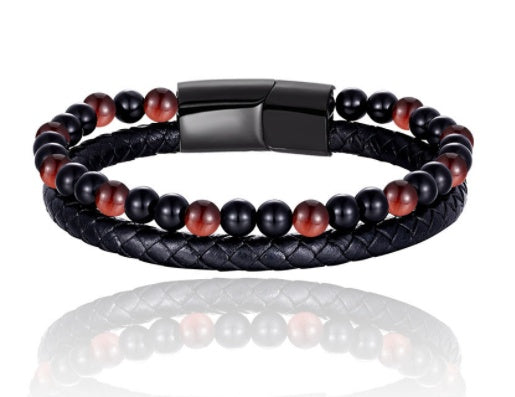 Volcanic Natural Stone Beaded Bracelet Men Cowhide String Bracelets