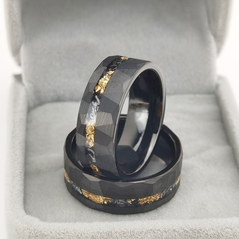 Tungsten Gold Couple Ring with Flat Batch Flower Groove Inlaid With Gold Foil Debris