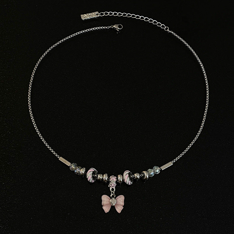 Bowknot Beaded Thread Necklace with beauti pink Butterfly