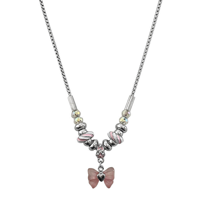 Bowknot Beaded Thread Necklace with beauti pink Butterfly