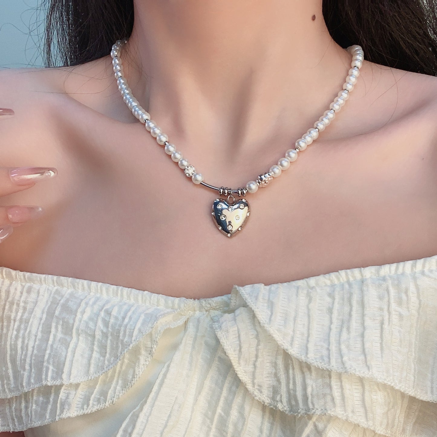 Pearl Necklace with Silver Heart For Girl (Special Design)