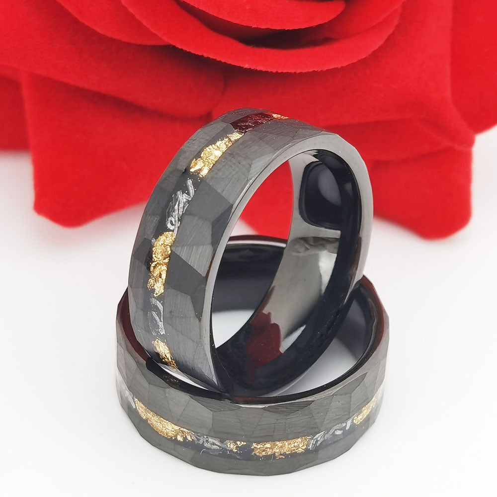 Tungsten Gold Couple Ring with Flat Batch Flower Groove Inlaid With Gold Foil Debris