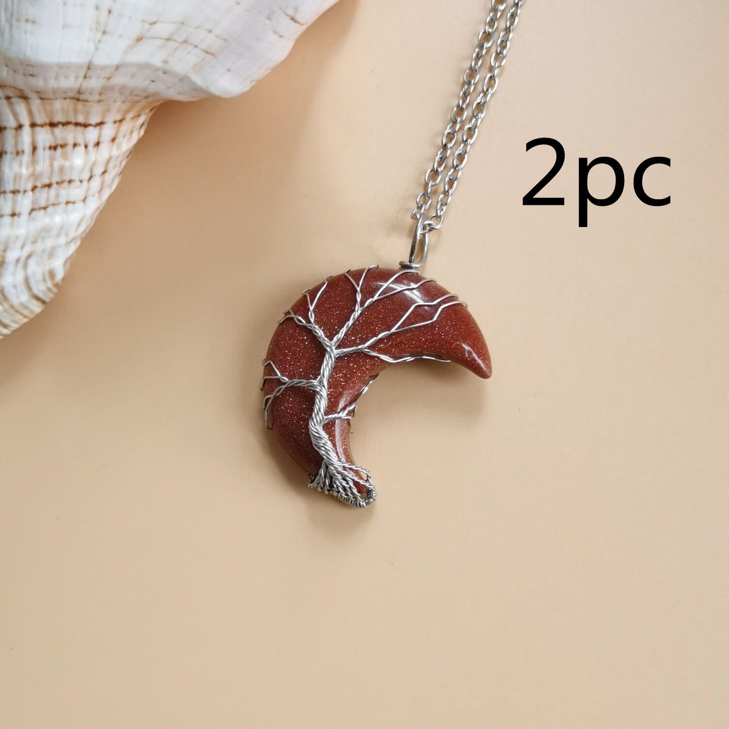 Moon Natural Stone Necklace Handmade Fortune Tree on it