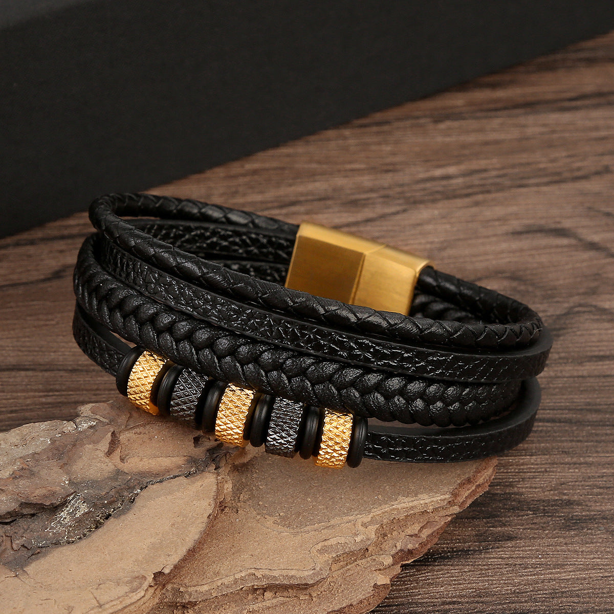 Men's Stainless Steel Bracelet Leather Hand-woven Bracelet