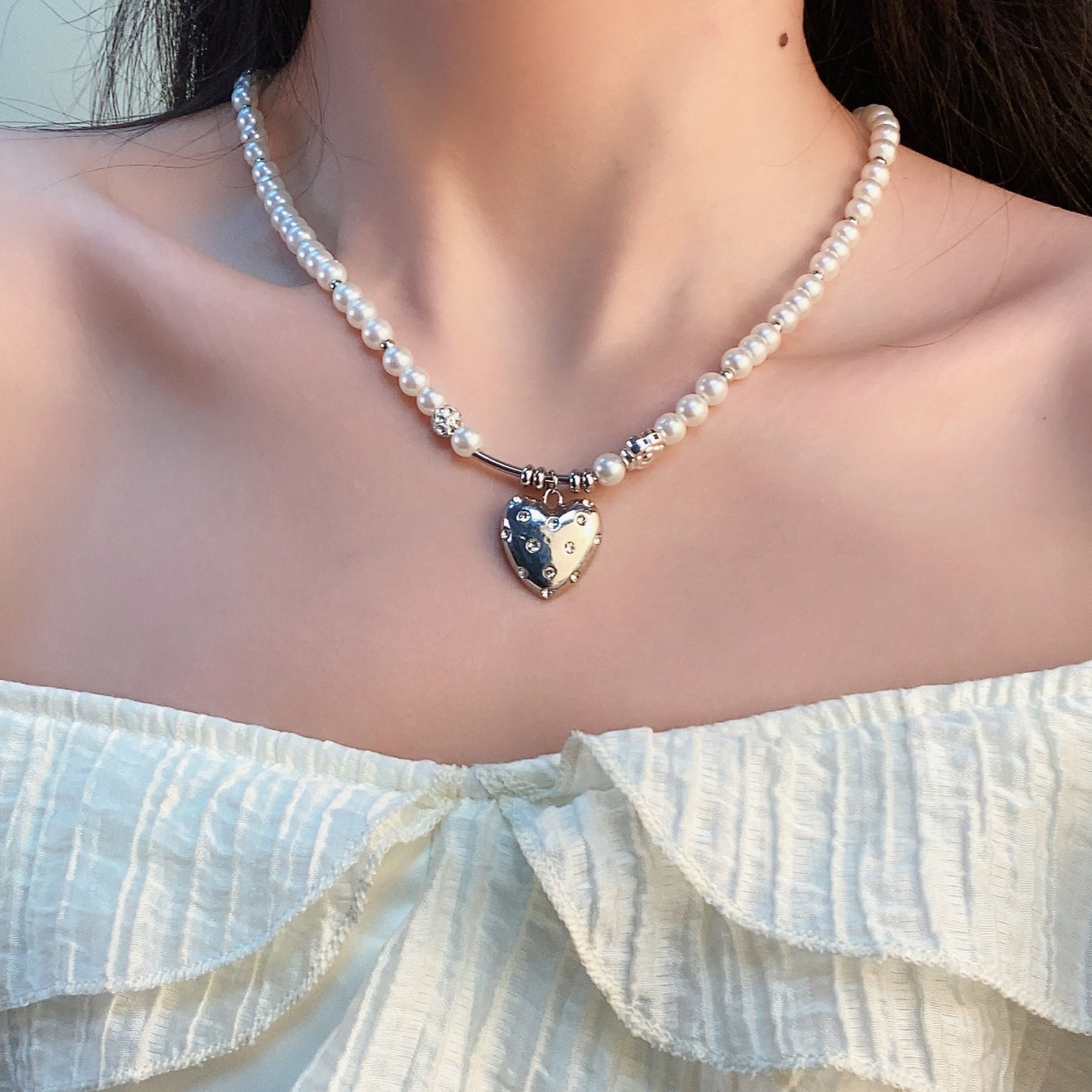 Pearl Necklace with Silver Heart For Girl (Special Design)