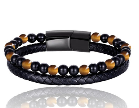 Volcanic Natural Stone Beaded Bracelet Men Cowhide String Bracelets