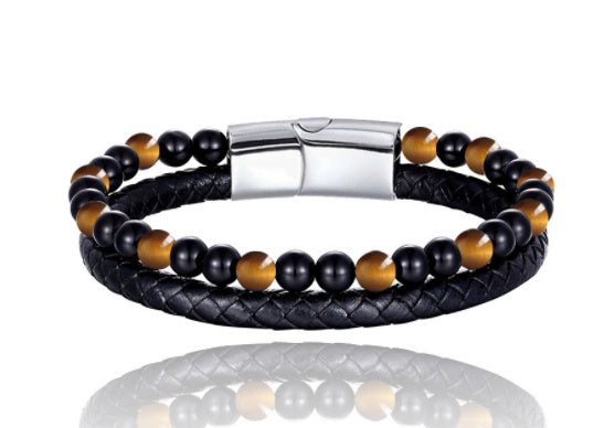 Volcanic Natural Stone Beaded Bracelet Men Cowhide String Bracelets