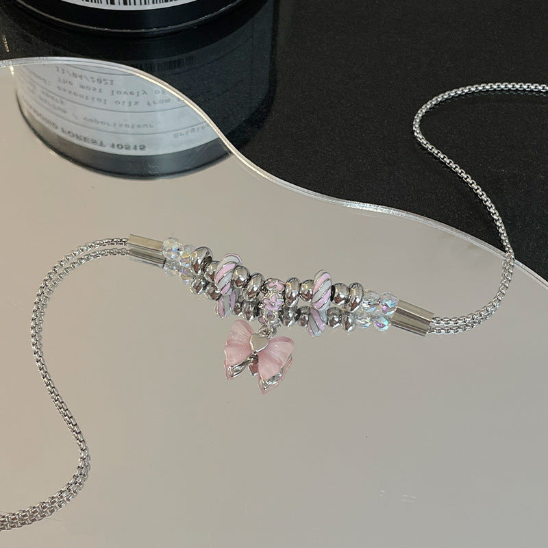 Bowknot Beaded Thread Necklace with beauti pink Butterfly